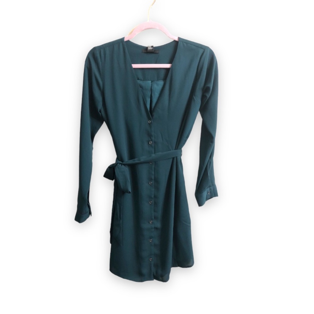 Forever 21 Teal Green Button Down Chiffon Long Sleeve Dress